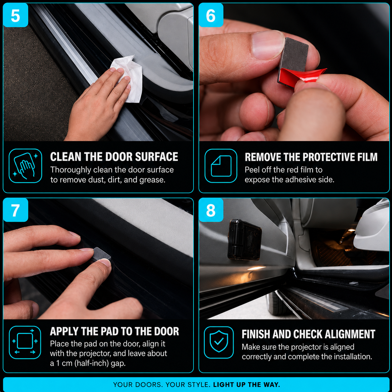 Installation steps 5 to 8: clean the door surface, remove protective film, apply the pad, check alignment