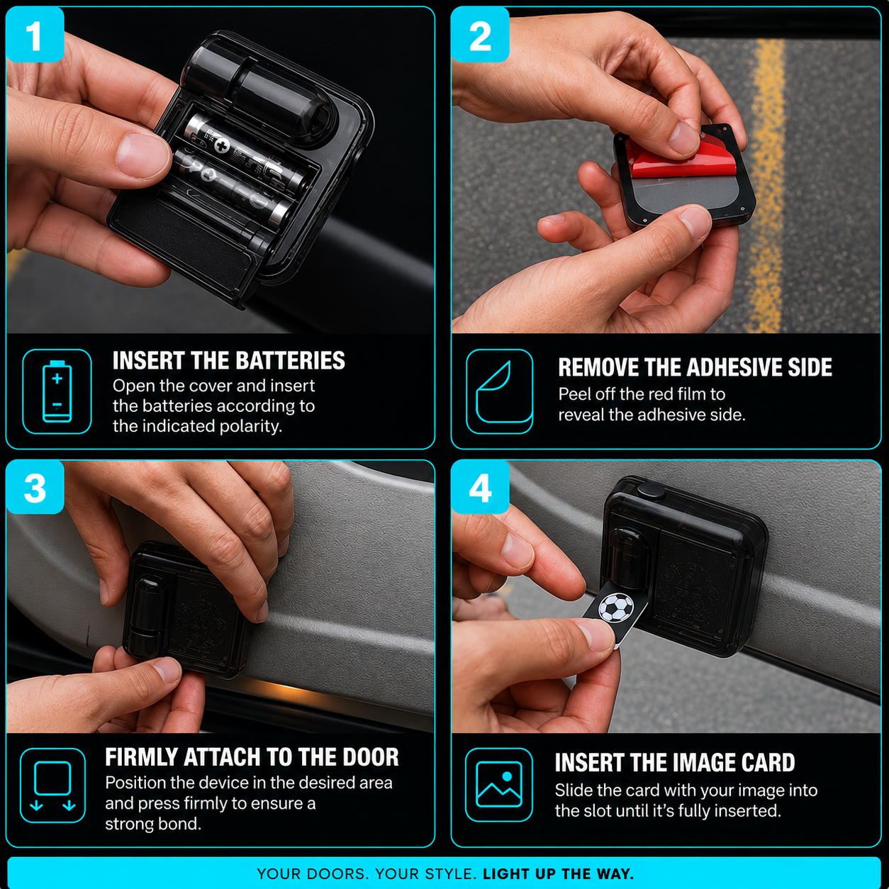 Installation steps: insert batteries, remove adhesive film, attach to door, insert image card