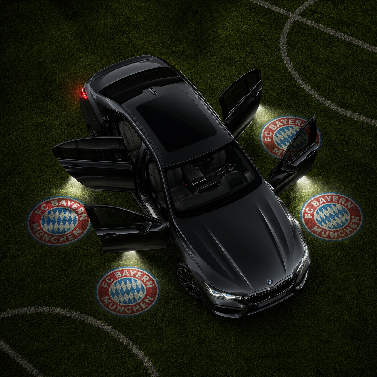 Black SUV on a football pitch projecting club crests from all four open doors