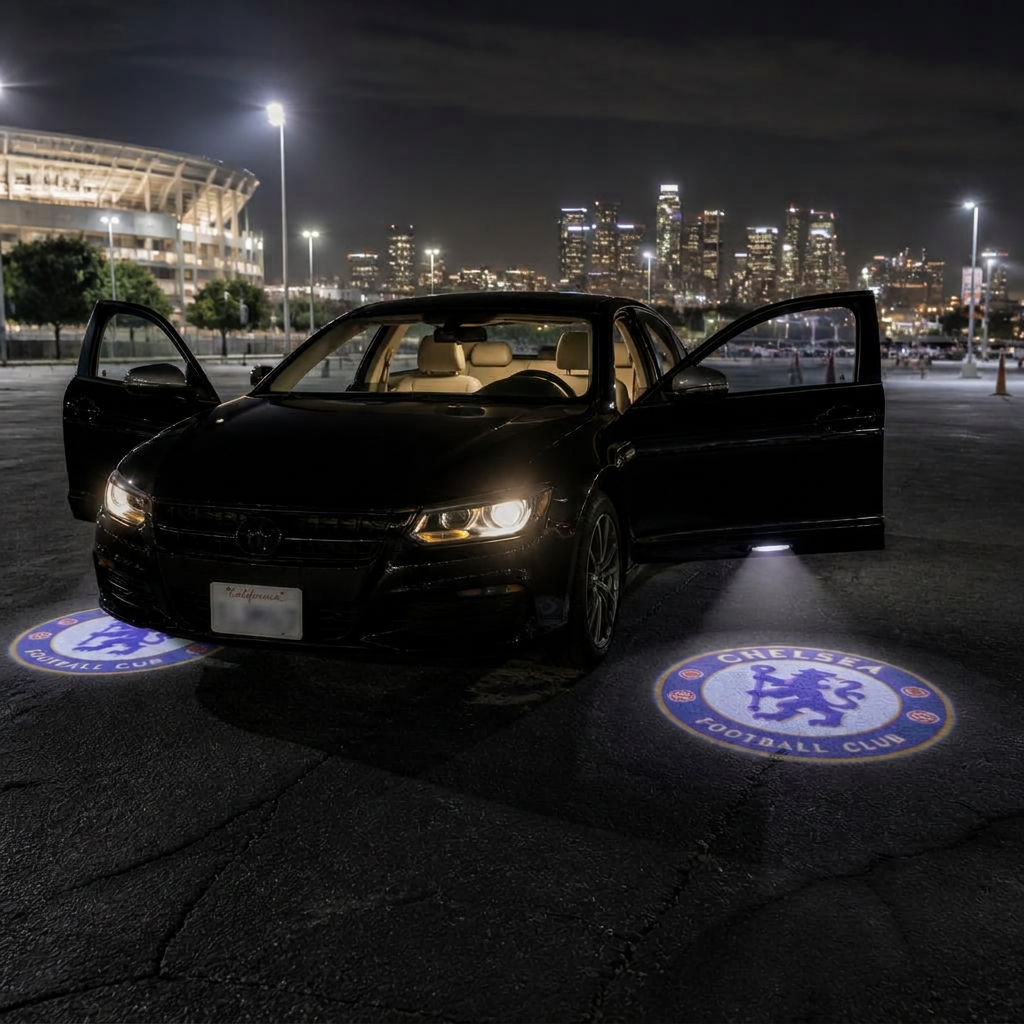 Two Chelsea crests projected onto asphalt beside open car doors at night
